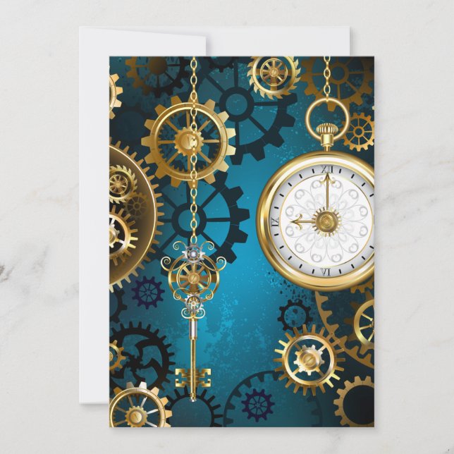 Steampunk turquoise Background with Gears Thank You Card (Front)