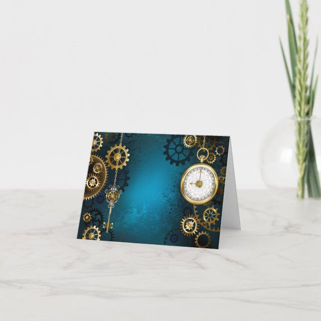 Steampunk turquoise Background with Gears Thank You Card (Front)