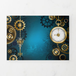 Steampunk turquoise Background with Gears Tri-Fold Card