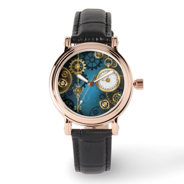 Steampunk turquoise Background with Gears Watch (Front)