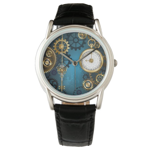 Steampunk turquoise Background with Gears Watch (Front)