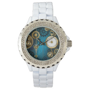 Steampunk turquoise Background with Gears Watch