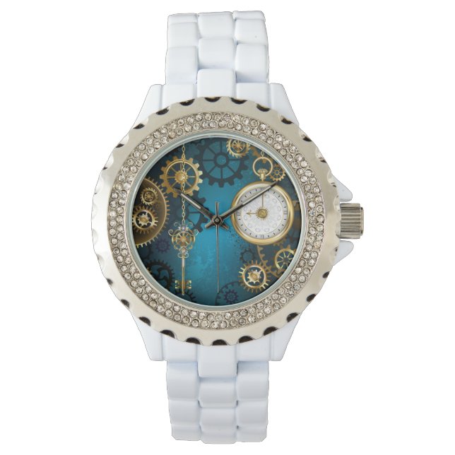 Steampunk turquoise Background with Gears Watch (Front)