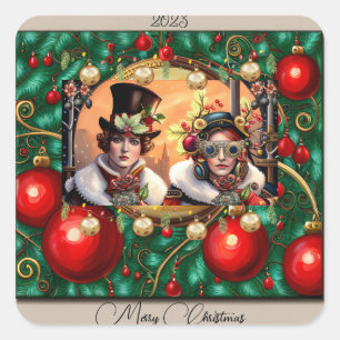 Steampunk Two Hearts Christmas  Square Sticker