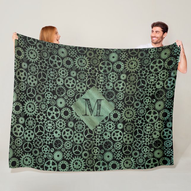 Steampunk Verdigris Bronze Gears Custom Monogram Fleece Blanket (In Situ)