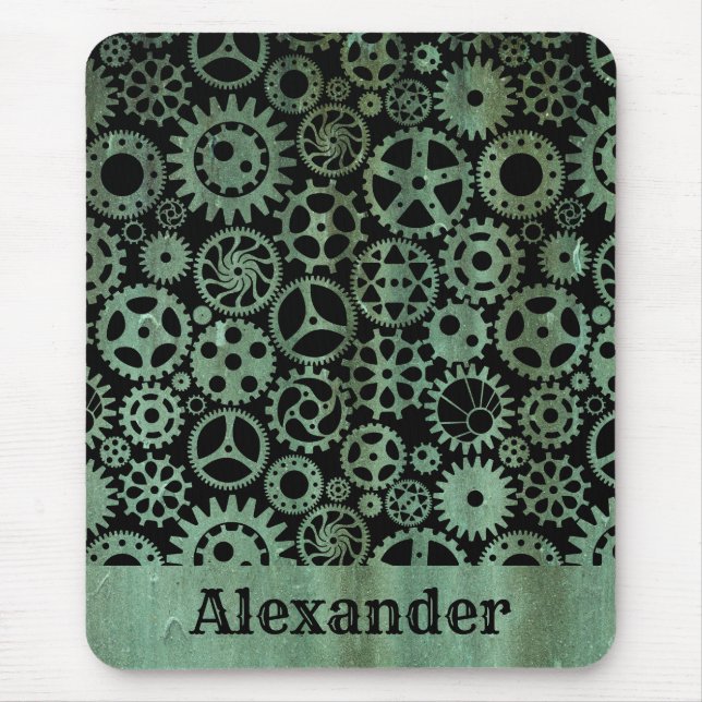 Steampunk Verdigris Bronze Gears Custom Name Mouse Pad (Front)