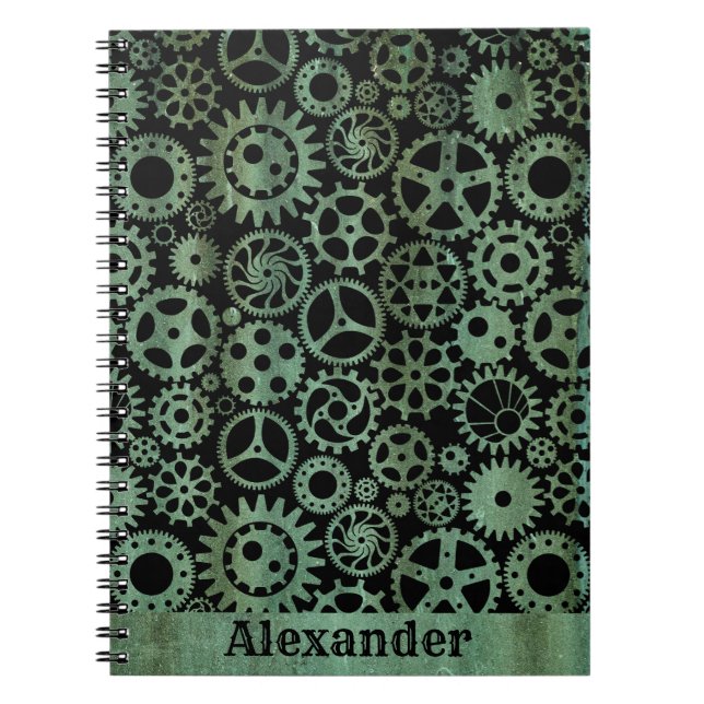 Steampunk Verdigris Bronze Gears Custom Name Notebook (Front)