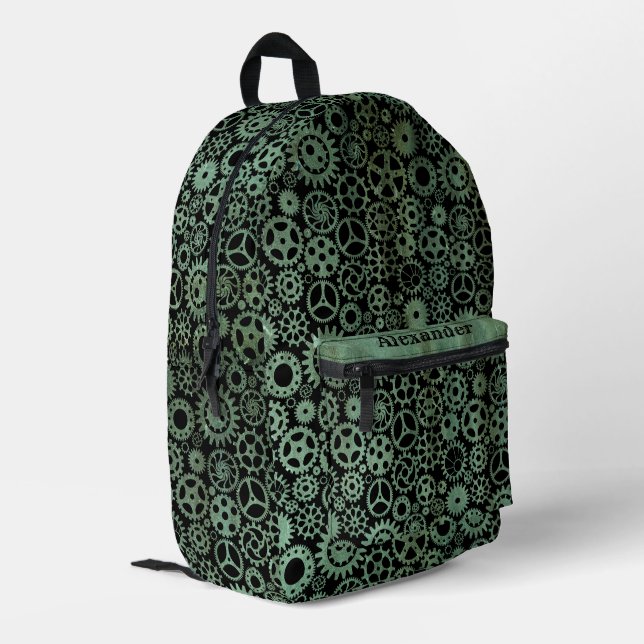 Steampunk Verdigris Bronze Gears Custom Name Printed Backpack (Back Corner Left)