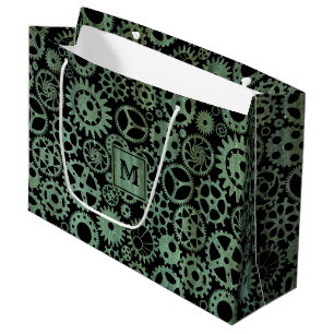 Steampunk Verdigris Bronze Gears Monogram Block Large Gift Bag