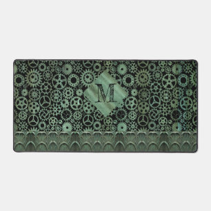 Steampunk Verdigris Bronze Gears Monogram Desk Mat