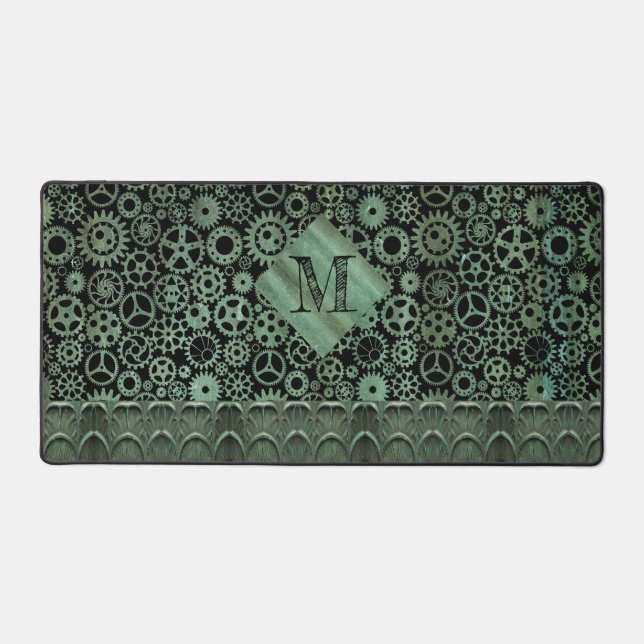 Steampunk Verdigris Bronze Gears Monogram Desk Mat (Front)