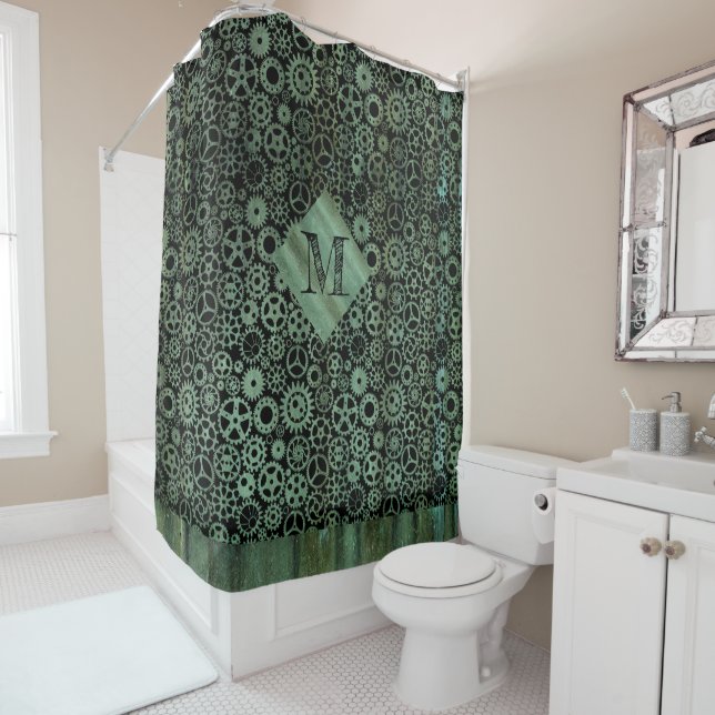 Steampunk Verdigris Bronze Gears Monogram Shower Curtain (In Situ)