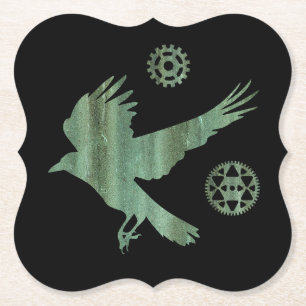 Steampunk Verdigris Flying Crow and Gears Paper Coaster