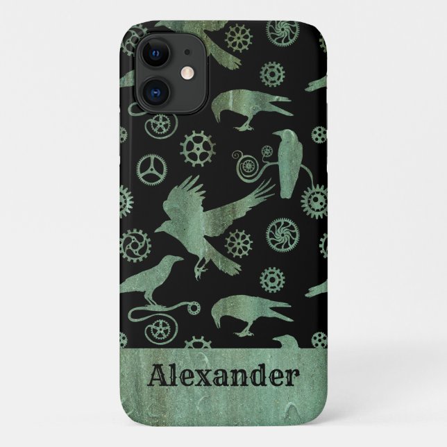 Steampunk Verdigris Gears and Crows Custom Name Case-Mate iPhone Case (Back)