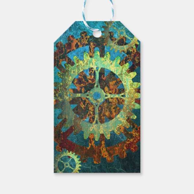 Steampunk Verdigris Rusty Cogwheel Gift Tags (Front)