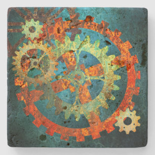 Steampunk Verdigris Rusty Cogwheel Stone Coaster