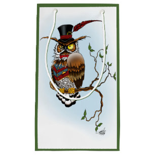 Steampunk Victorian Dapper Owl Top Hat Vintage Small Gift Bag