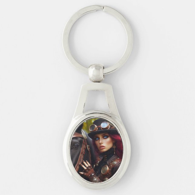 Steampunk Victorian Lady Dark Rider Key Ring (Front)