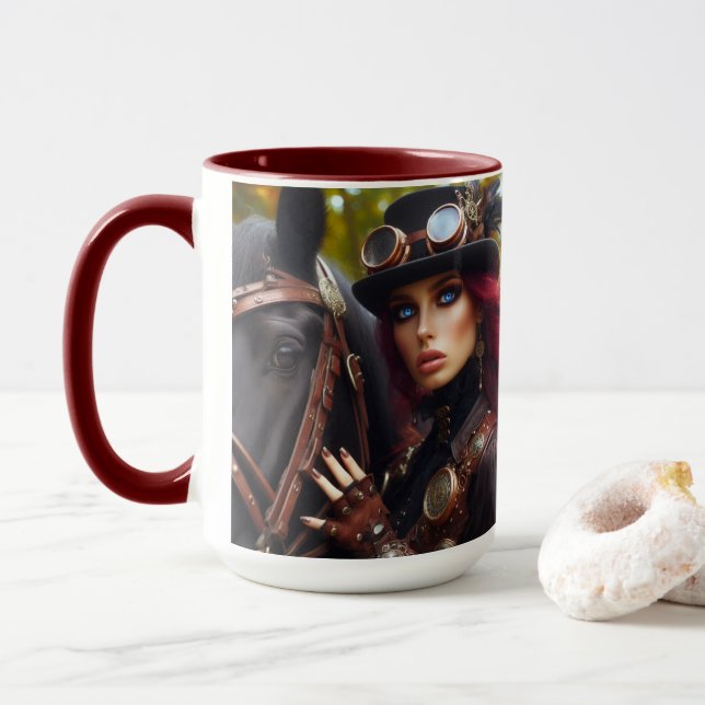 Steampunk Victorian Lady Dark Rider Mug (With Donut)