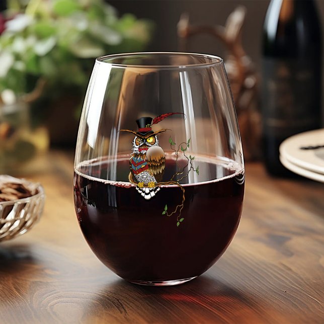 Steampunk Victorian Owl Stemless Wine Glass (Creator Uploaded)