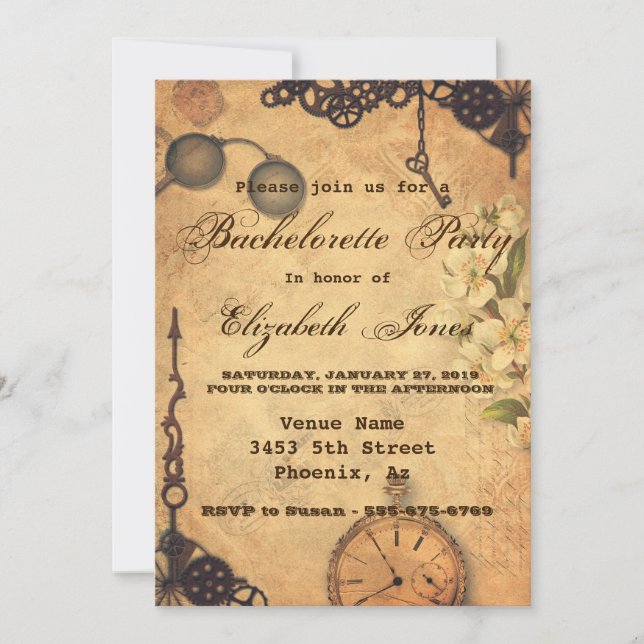 Steampunk Victorian Vintage Bachelorette Party Invitation (Front)