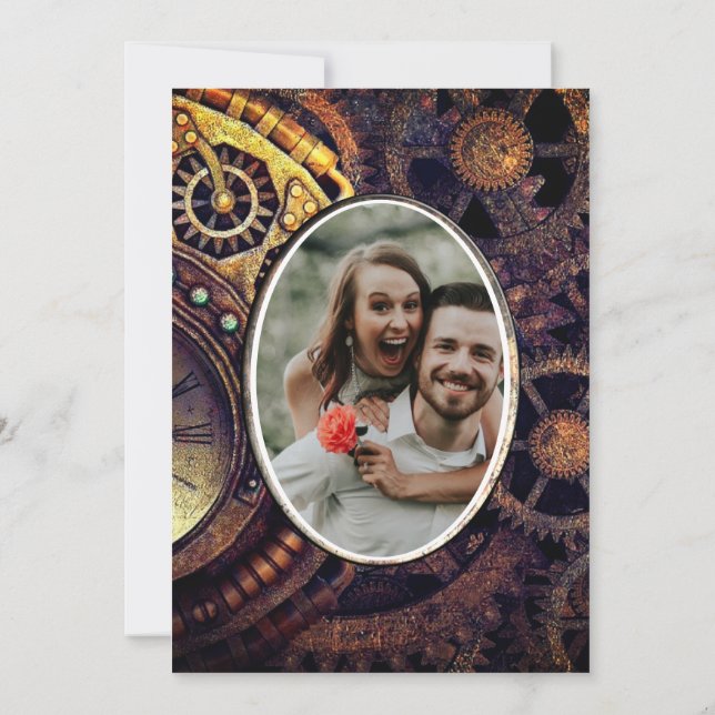 Steampunk Vintage Gears Butterfly Add Photo Invitation (Back)