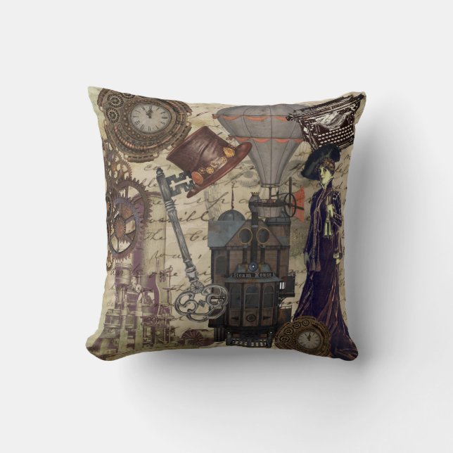Steampunk Vintage Industrial Victorian Fantasy Cushion (Front)