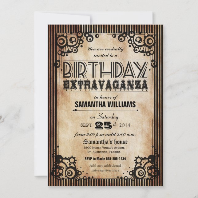 Steampunk Vintage Look Birthday Extravaganza Invitation (Front)