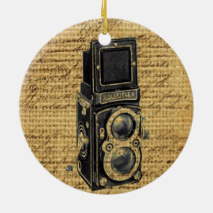 steampunk vintage scripts burlap antique camera ceramic ornament