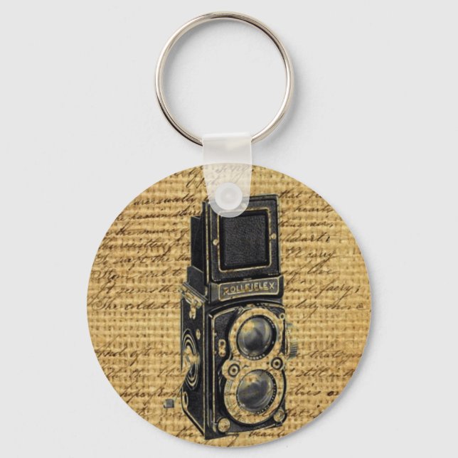 steampunk vintage scripts burlap antique camera key ring (Front)
