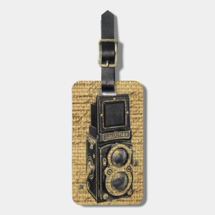 steampunk vintage scripts burlap antique camera luggage tag