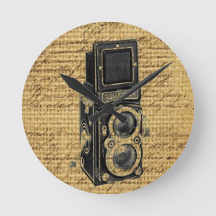 steampunk vintage scripts burlap antique camera round clock