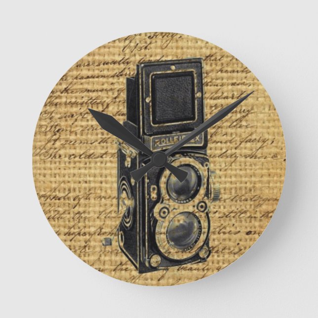 steampunk vintage scripts burlap antique camera round clock (Front)