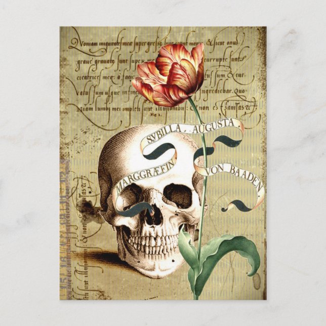 Steampunk Vintage Skull Floral Writing Postcard (Front)
