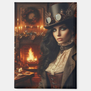 Steampunk Vintage Victorian Lady Christmas Red Magnet