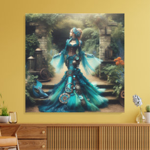 Steampunk Vintage Victorian Lady Teal Mermaid Canvas Print