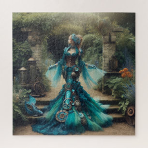 Steampunk Vintage Victorian Lady Teal Mermaid Jigsaw Puzzle