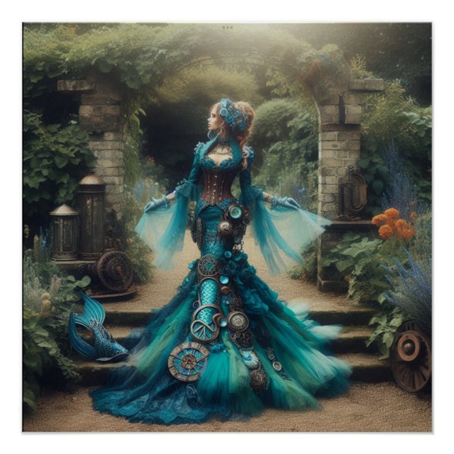 Steampunk Vintage Victorian Lady Teal Mermaid Poster (Front)
