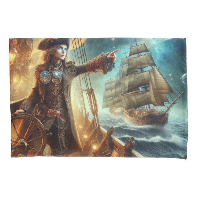 Steampunk Vintage Victorian Ocean Space Pirate Pillowcase (Front-Left)