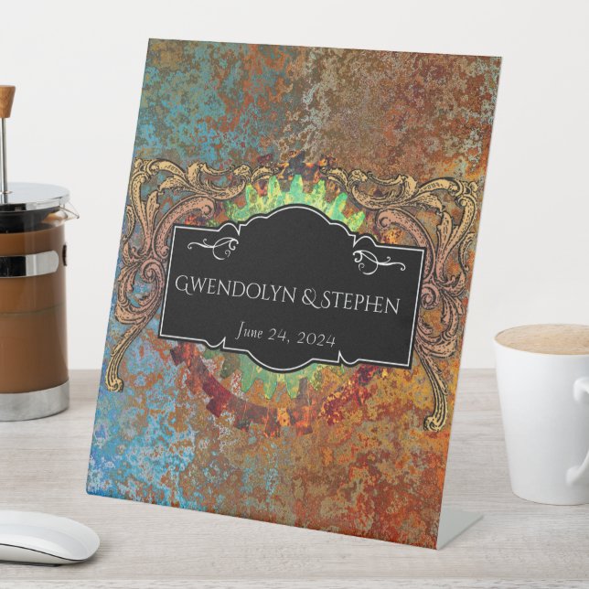 Steampunk Vintage Wedding Personalised Pedestal Sign (In SItu)