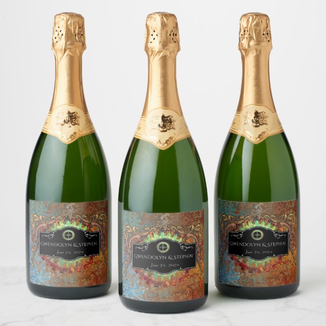 Steampunk Vintage Wedding Personalised  Sparkling Wine Label (Bottles)