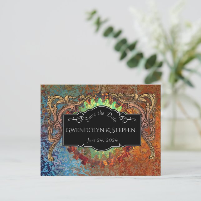 Steampunk Vintage Wedding "Save The Date" Postcard (Standing Front)