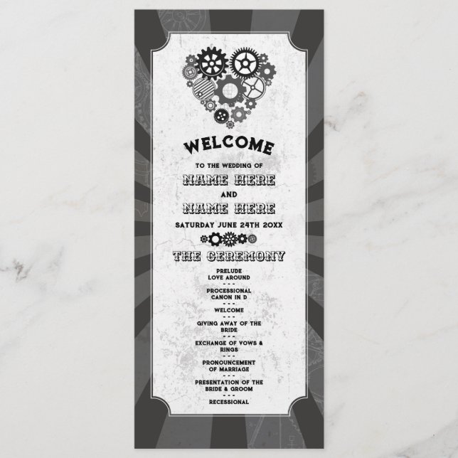 Steampunk Wedding Ceremony Heart Cogs Retro Program (Front)