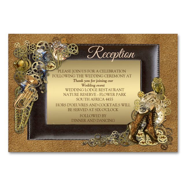 Steampunk Wedding On Suede Reception cards (Front)