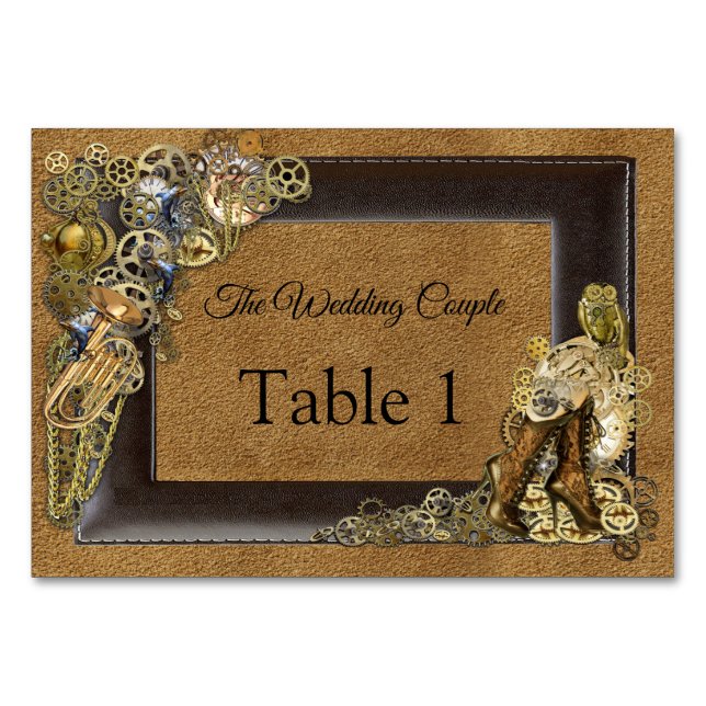 Steampunk Wedding On Suede Table cards (Front)