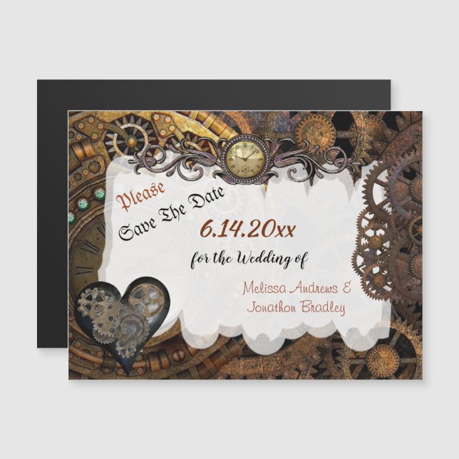 Steampunk Wedding Save the Date Magnetic Card (Front/Back)