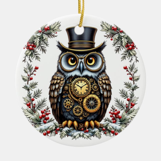 Steampunk Weihnachts-Eule Ceramic Ornament (Front)