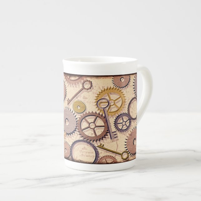 Steampunk Wheels, Gears, Keys, Old Map Oil Paint Bone China Mug (Front Right)