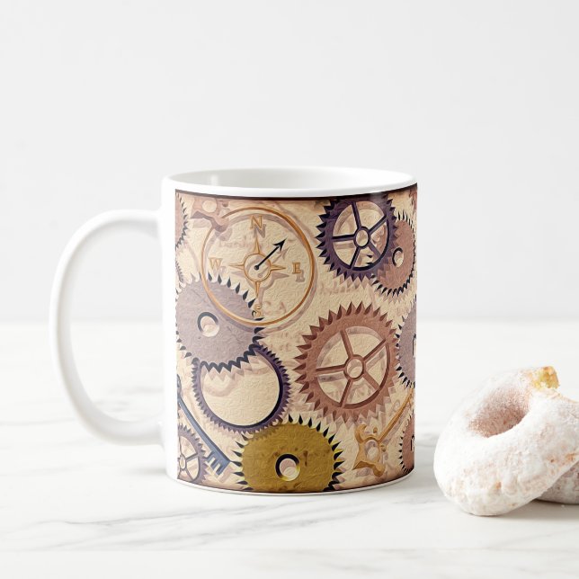 Steampunk Wheels, Gears, Keys, Old Map Oil Paint Coffee Mug (With Donut)