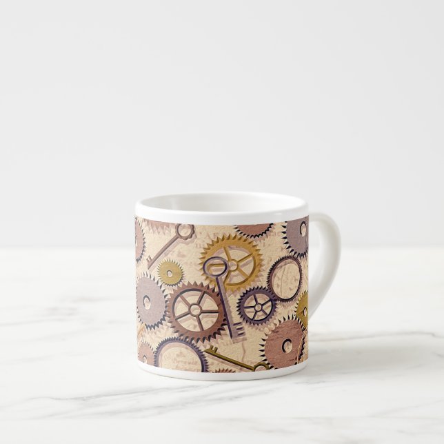 Steampunk Wheels, Gears, Keys, Old Map Oil Paint Espresso Cup (Front Right)